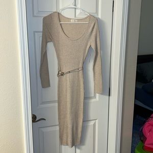 Love Always cream sweater dress with belt.